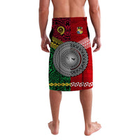 Red wrap-style lavalava skirt with circular emblem and tribal pattern
