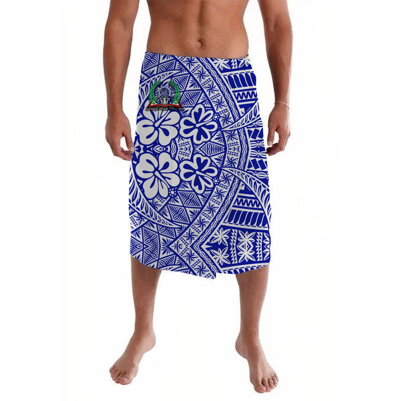 Blue patterned wrap skirt with elastic waist and geometric floral print
