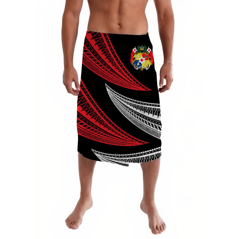 Black lavalava with alternating red and white wave pattern and crest emblem