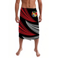 Black lavalava with alternating red and white wave pattern and crest emblem