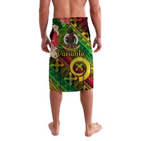 Green Vanuatu lavalava wrap skirt with tribal geometric print, hibiscus flowers, and 'Vanuatu' logo