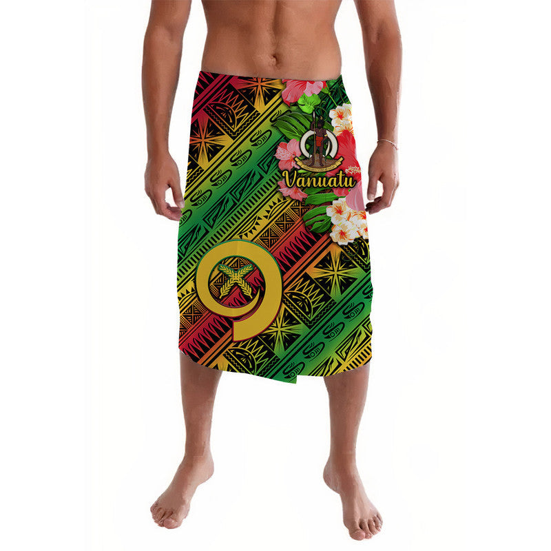 Green Vanuatu lavalava with geometric tribal print, hibiscus flowers, and 'Vanuatu' text