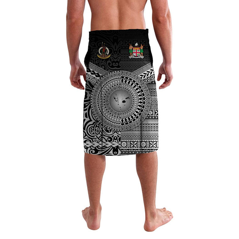 Black lavalava sarong with circular tribal emblem and patterned border, knee-length