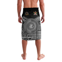 Black lavalava sarong with circular tribal emblem and patterned border, knee-length