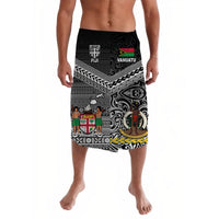 Black lavalava sarong with Fiji and Vanuatu tribal graphic print, knee-length