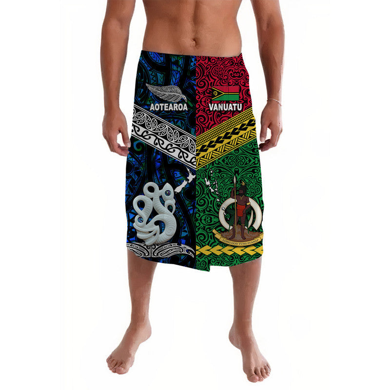 Lavalava wrap skirt with Aotearoa and Vanuatu graphic print, colorful panel