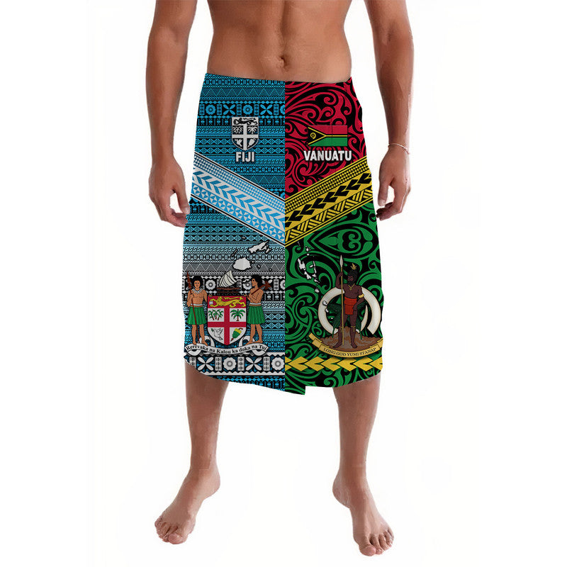 Bright red lavalava sarong with Fiji and Vanuatu graphic panel front view