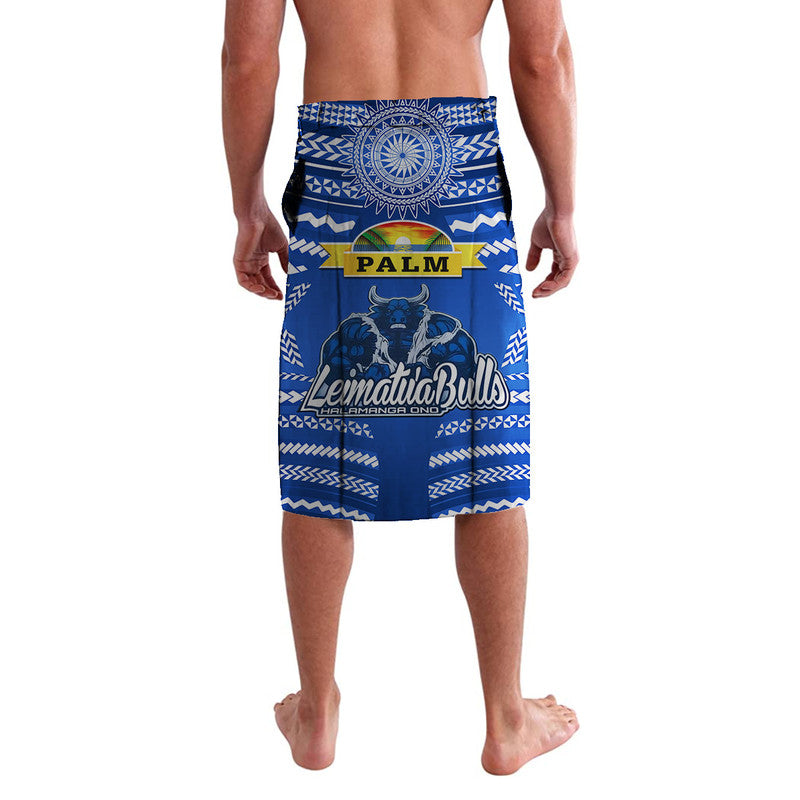 Blue patterned lavalava with mandala and Bulls text, back view.