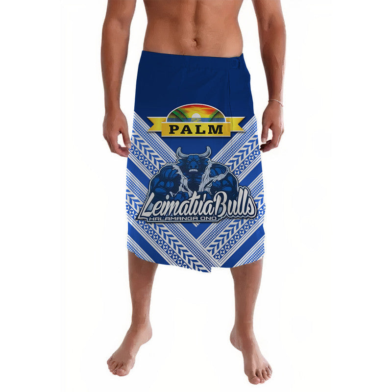 Blue lavalava/bulls style wrap sarong with Palm and leimatuabulls graphic front