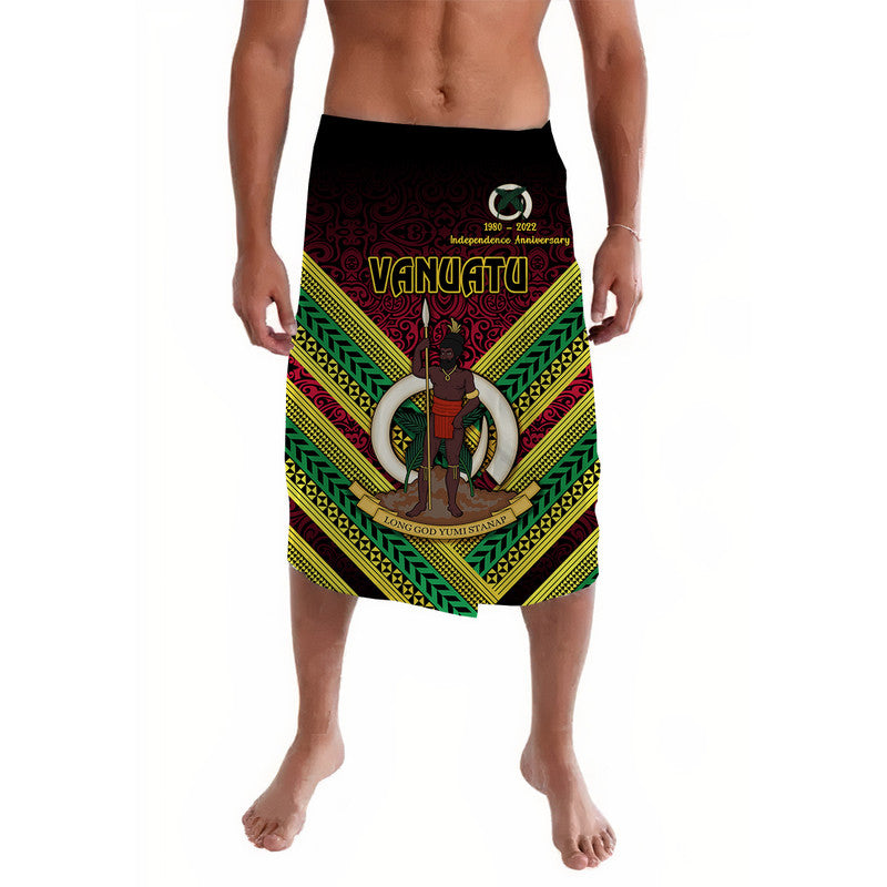Red lavalava sarong skirt with green/yellow Vanuatu crest and independence graphic