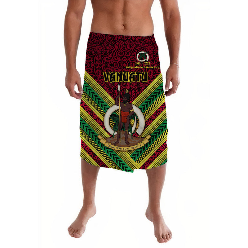 Red Vanuatu anniversary lavalava with central figure, circle emblem, and patterned border