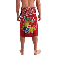 Red lavalava with patterned waistband and large royal crest emblem