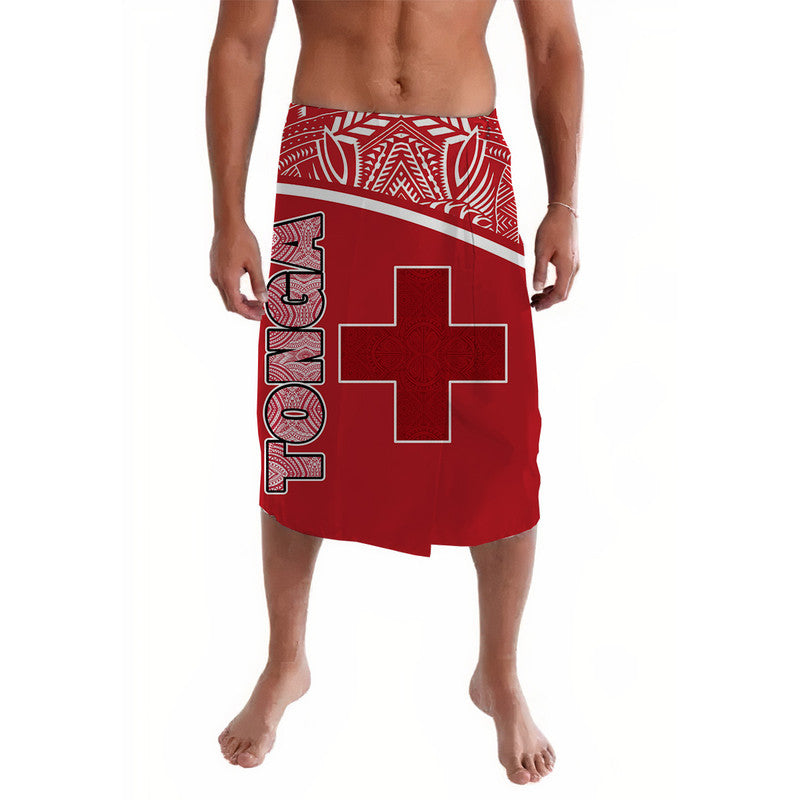 Red curve-style lavalava with white tribal panel and large cross graphic