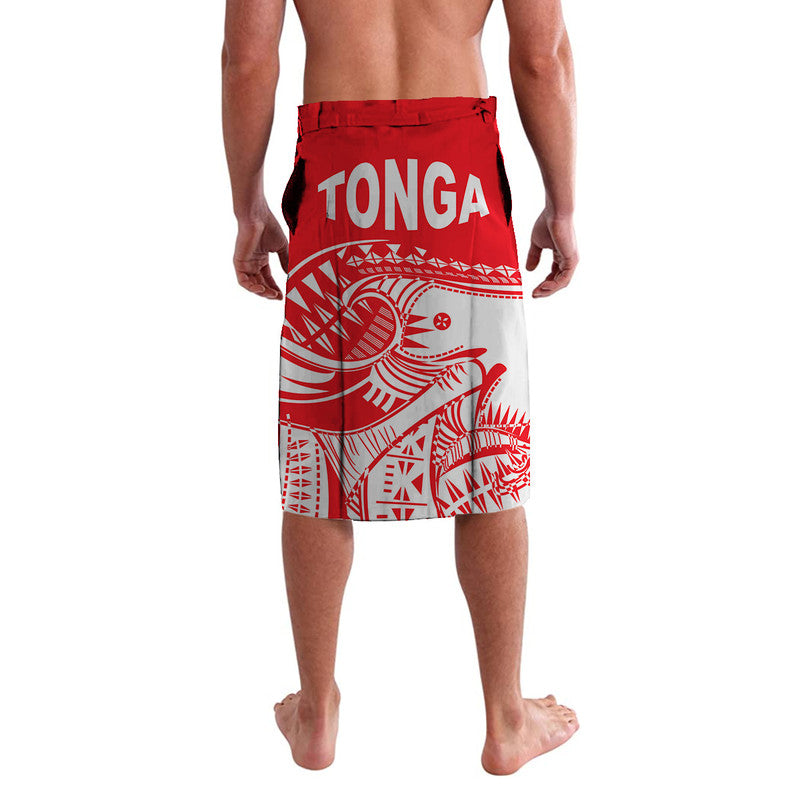 Youthful lavalava skirt, red-and-white with large “TONGA” text across front