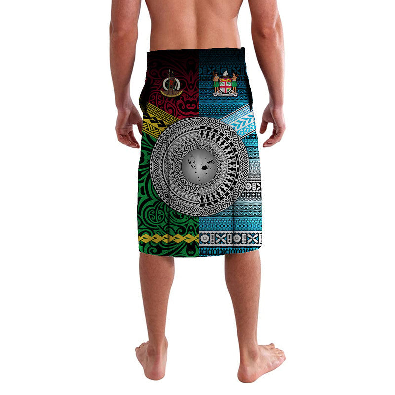 Multicolor lavalava with blue and green motifs, central circular emblem; elastic waist