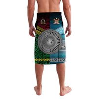 Multicolor lavalava with blue and green motifs, central circular emblem; elastic waist