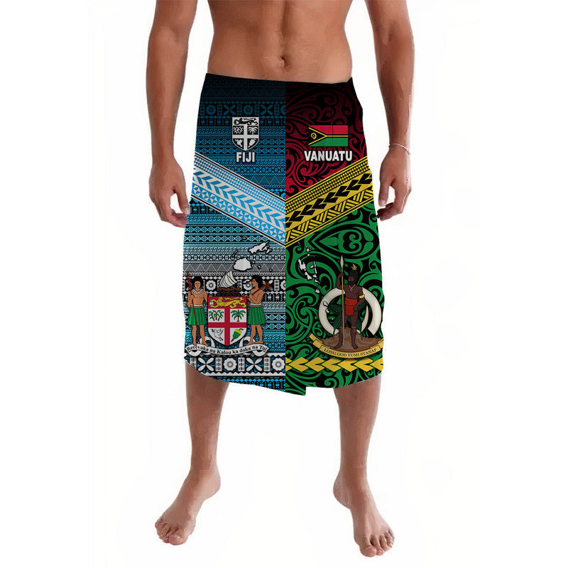 Multicolor lavalava with blue, green, and red tribal patterns; elastic waistband
