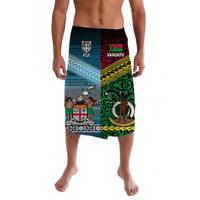 Multicolor lavalava with blue, green, and red tribal patterns; elastic waistband