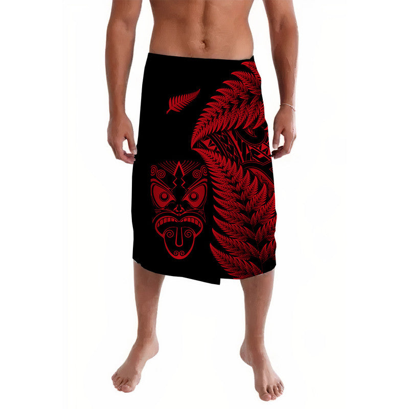 Men's black lavalava skirt with red fern and tribal face graphic