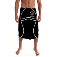 Black lavalava skirt with white curved trim and circular chest logo print