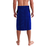 Blue patterned lavalava skirt, full back view with geometric motifs