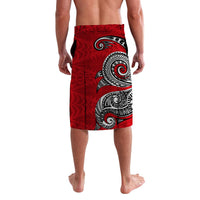Red knee-length wrap skirt with Polynesian wave tribal swirl graphic, back view