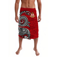 Knee-length red wrap skirt with Polynesian wave and tribal swirl graphic, front view