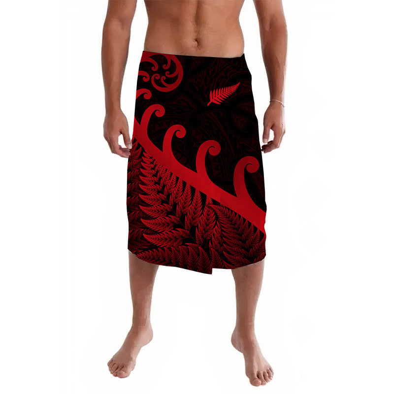 Red and black tropical lavalava sarong with fern frond and koru swirl print