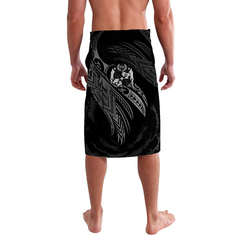 Black wrap lavalava showing full tribal pattern and central emblem on front