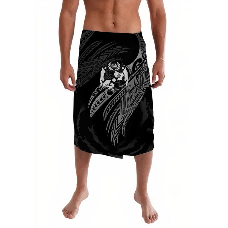 Black lavalava with large tribal graphic print on the front panel