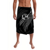 Black lavalava with large tribal graphic print on the front panel