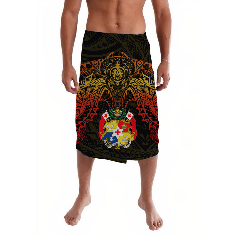 Colorful lava lava sarong skirt with red, green geometric print and crest emblem