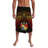 Colorful lava lava sarong skirt with red, green geometric print and crest emblem