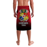 Red lavalava with coat-of-arms crest and MATE MA'A TONGA text, colorful print