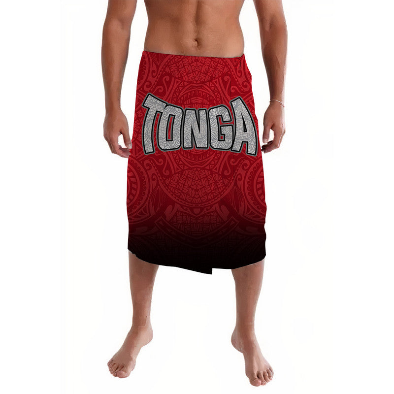 Red lavalava with TONGA lettering, tribal pattern print and colorful graphics