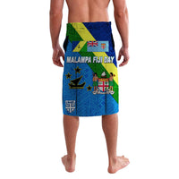 Blue lavalava wrap skirt, full front view, Malampa Fiji Day text and coat-of-arms
