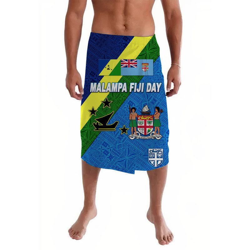 Blue lavalava wrap skirt with Malampa Fiji Day graphic print and flags
