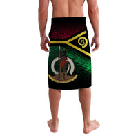 Black lavalava wrap skirt, flag-style print with green leaf pattern and gold emblem stripe