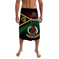 Black lavalava wrap skirt with independence flag-style graphic, green and gold diagonal stripe
