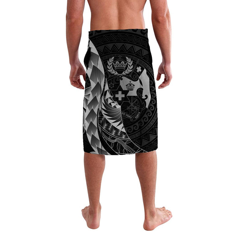 Black-and-white Polynesian lavalava wrap skirt with spear, crest, and scroll motifs