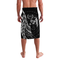 Black-and-white Polynesian lavalava wrap skirt with spear, crest, and scroll motifs