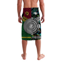 Red-and-green lavalava with large circular shell graphic and tribal ornament print