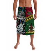 Red-and-green lavalava with AOTEAROA/VANUATU print and ornate patterns