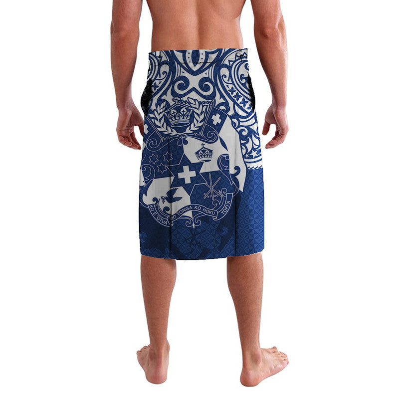 Bright blue Tonga lavalava, rear view, ornate tribal swirls and crest pattern