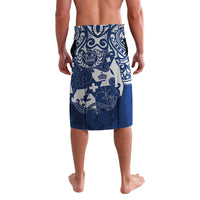 Bright blue Tonga lavalava, rear view, ornate tribal swirls and crest pattern