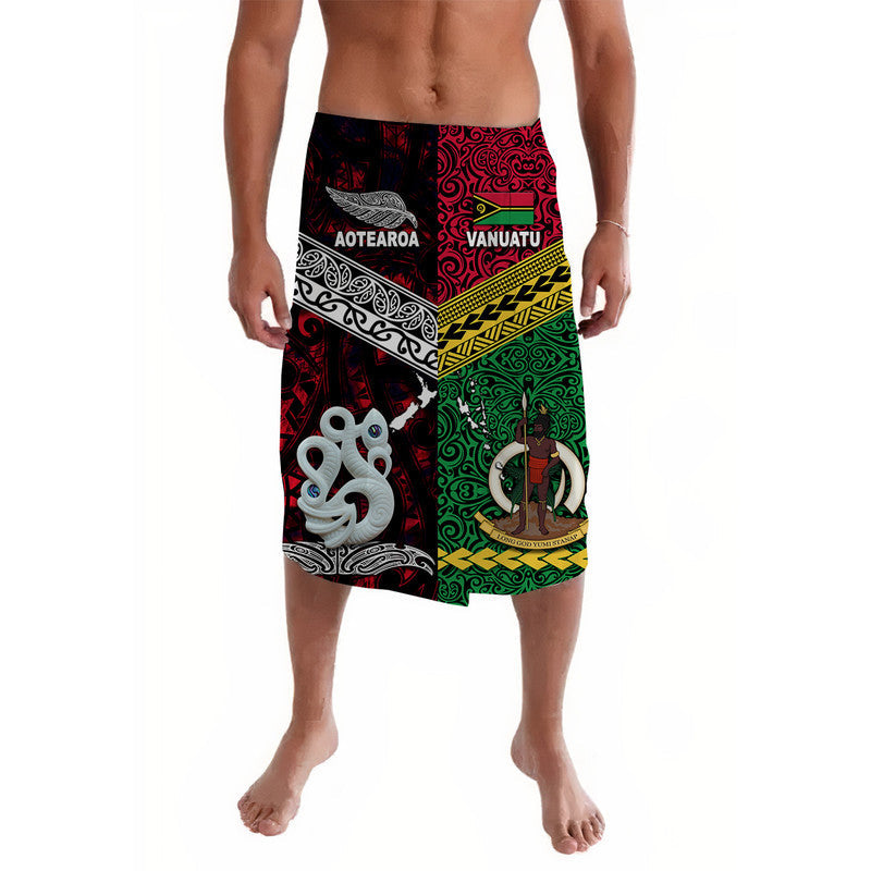 Red lavalava with black/green tribal panels, AOTEAROA and Vanuatu prints
