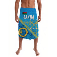 Blue lavalava skirt with SANMA text, flag emblem, and geometric floral pattern