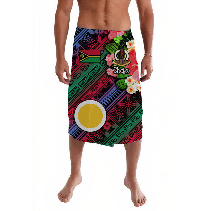Shefa lavalava-style wrap skirt, multicolor geometric print with flowers and circular emblem