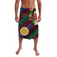 Shefa lavalava-style wrap skirt, multicolor geometric print with flowers and circular emblem