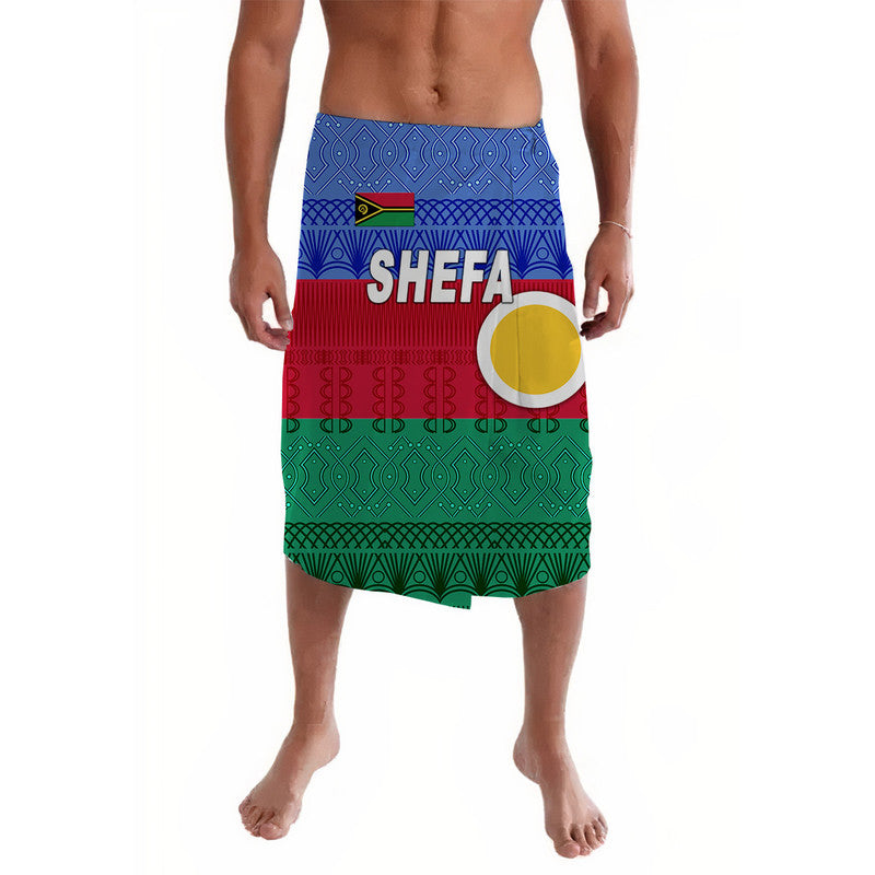 Blue lavalava skirt with Shefa text, circular emblem, blue red green patterned bands